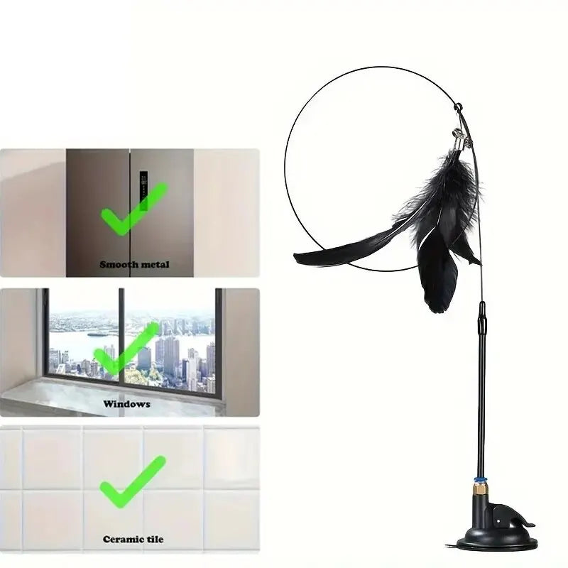 Interactive Cat Feather Wand Toy - Teaser Stick with Suction Cup Base
