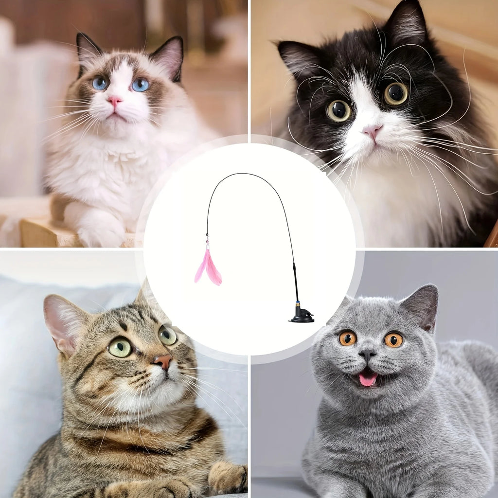 Interactive Cat Feather Wand Toy - Teaser Stick with Suction Cup Base