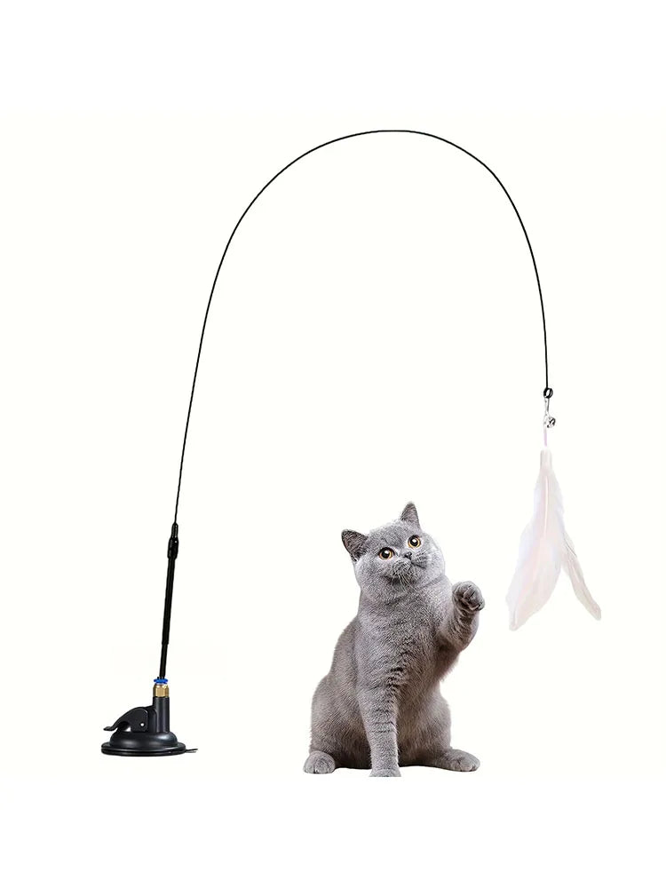 Interactive Cat Feather Wand Toy - Teaser Stick with Suction Cup Base
