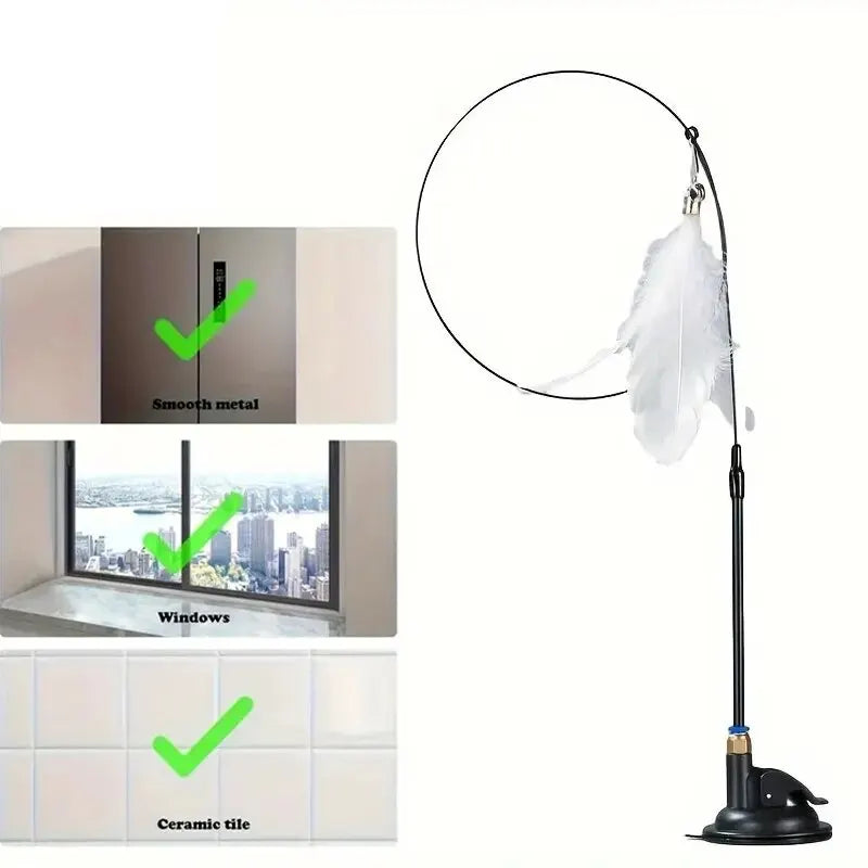Interactive Cat Feather Wand Toy - Teaser Stick with Suction Cup Base